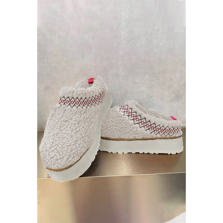 White Embroidered Sherpa Plush Thick Sole Winter Slippers Shoes & Bags/Slippers