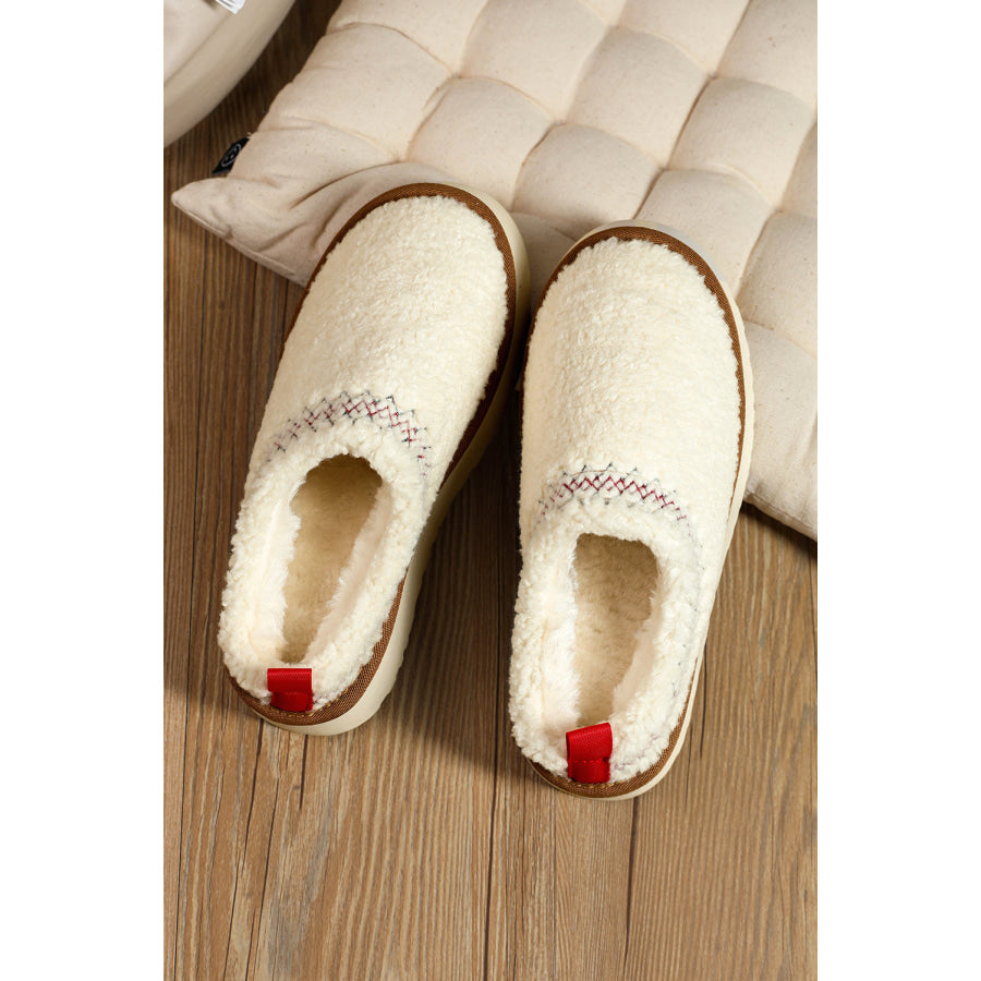 White Embroidered Sherpa Plush Thick Sole Winter Slippers Shoes &amp; Bags/Slippers