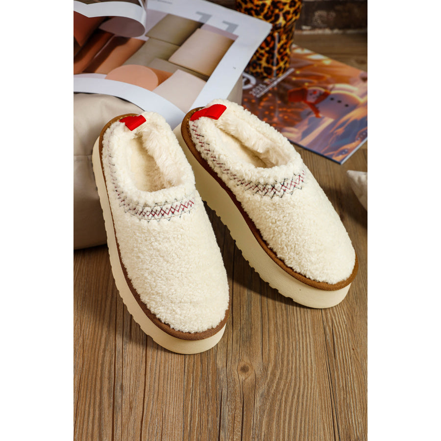 White Embroidered Sherpa Plush Thick Sole Winter Slippers Shoes &amp; Bags/Slippers