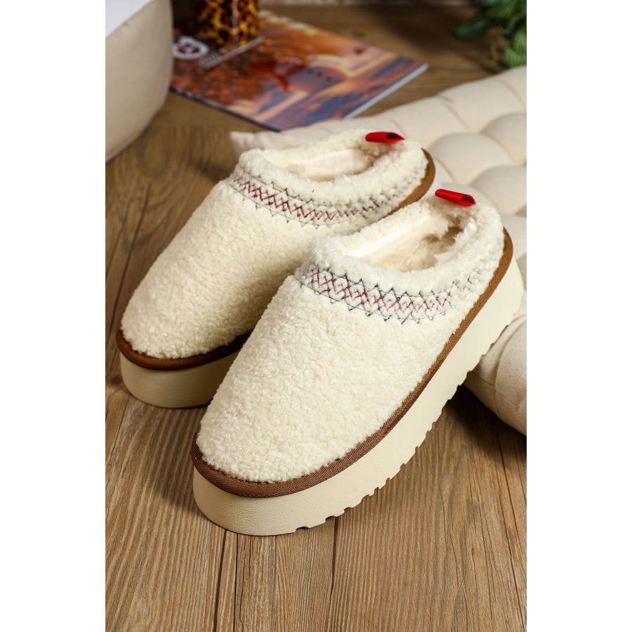 White Embroidered Sherpa Plush Thick Sole Winter Slippers Shoes & Bags/Slippers