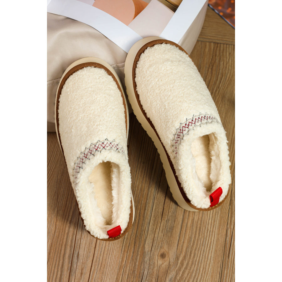 White Embroidered Sherpa Plush Thick Sole Winter Slippers Shoes &amp; Bags/Slippers
