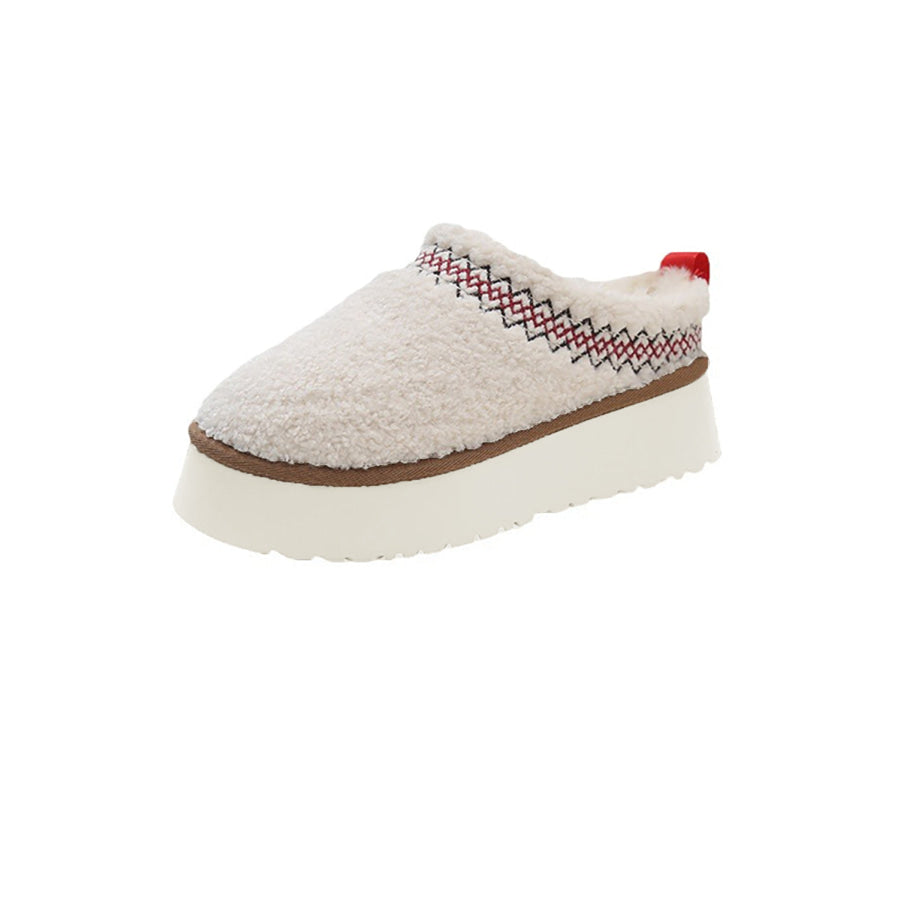 White Embroidered Sherpa Plush Thick Sole Winter Slippers Shoes &amp; Bags/Slippers