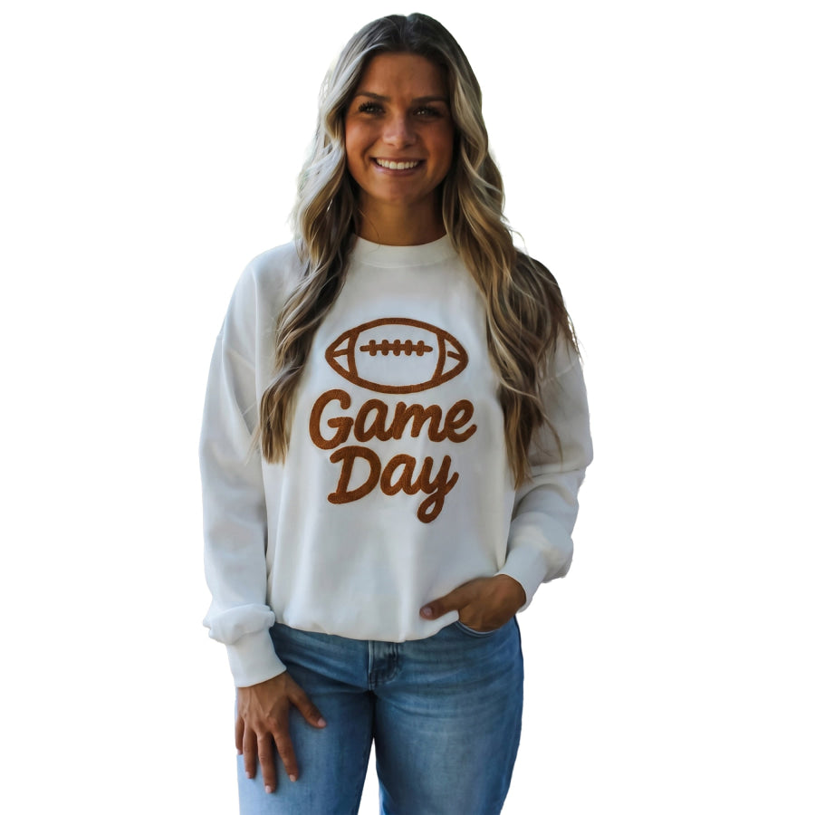 White Embroidered Slogan Game Day Rugby Pattern Crewneck Sweatshirt Tops/Sweatshirts & Hoodies