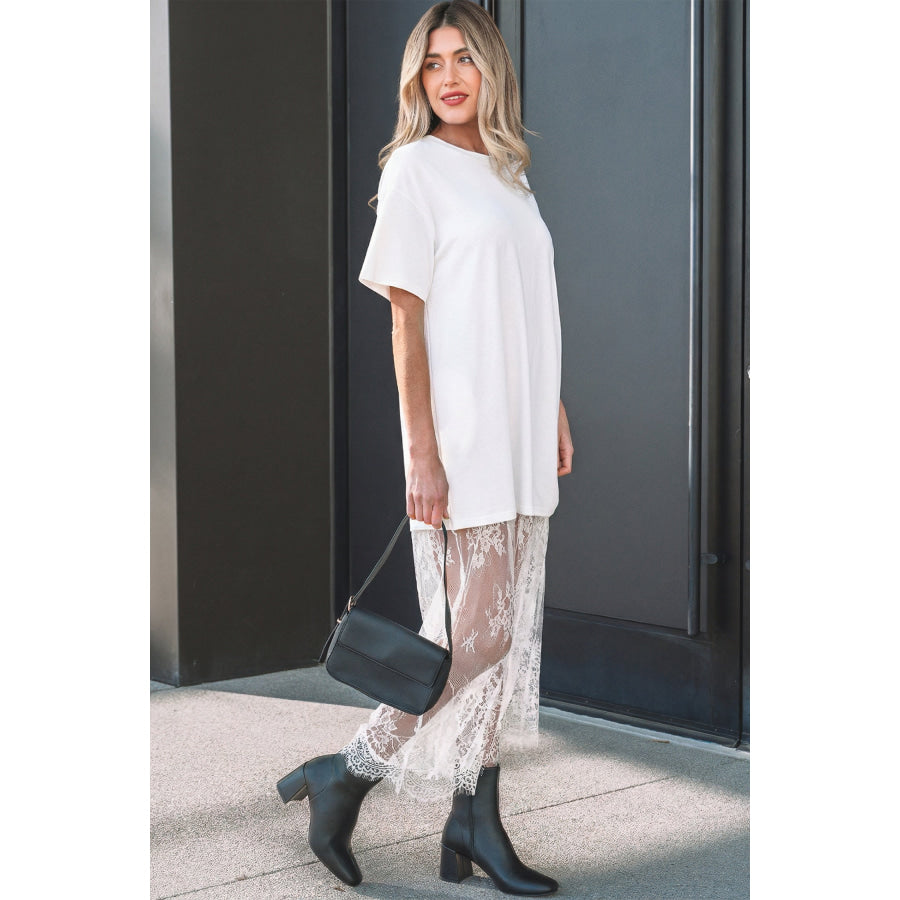 White Floral Patchwork Short Sleeve T Shirt Loose Maxi Dress Dresses/Maxi Dresses