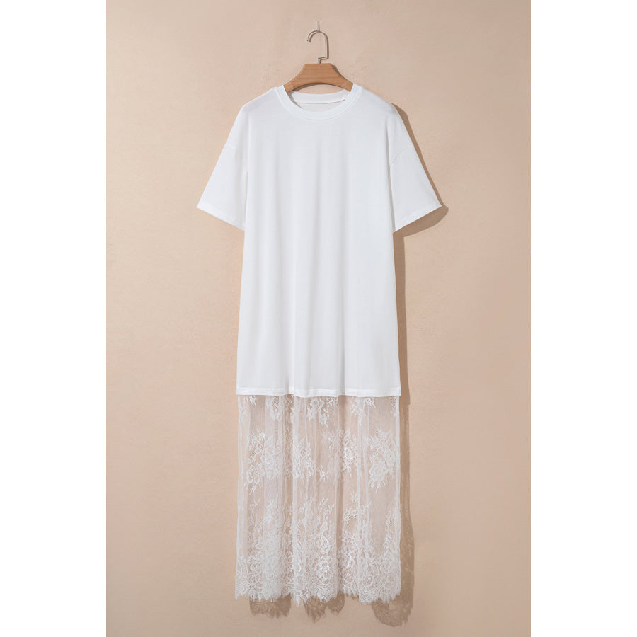 White Floral Patchwork Short Sleeve T Shirt Loose Maxi Dress Dresses/Maxi Dresses