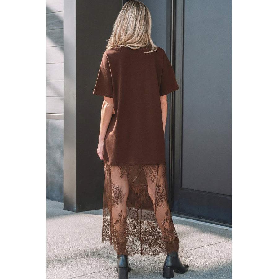 White Floral Patchwork Short Sleeve T Shirt Loose Maxi Dress Dresses/Maxi Dresses