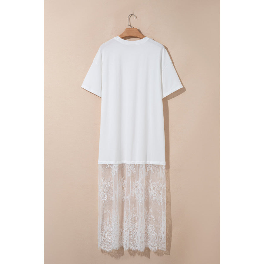 White Floral Patchwork Short Sleeve T Shirt Loose Maxi Dress Dresses/Maxi Dresses