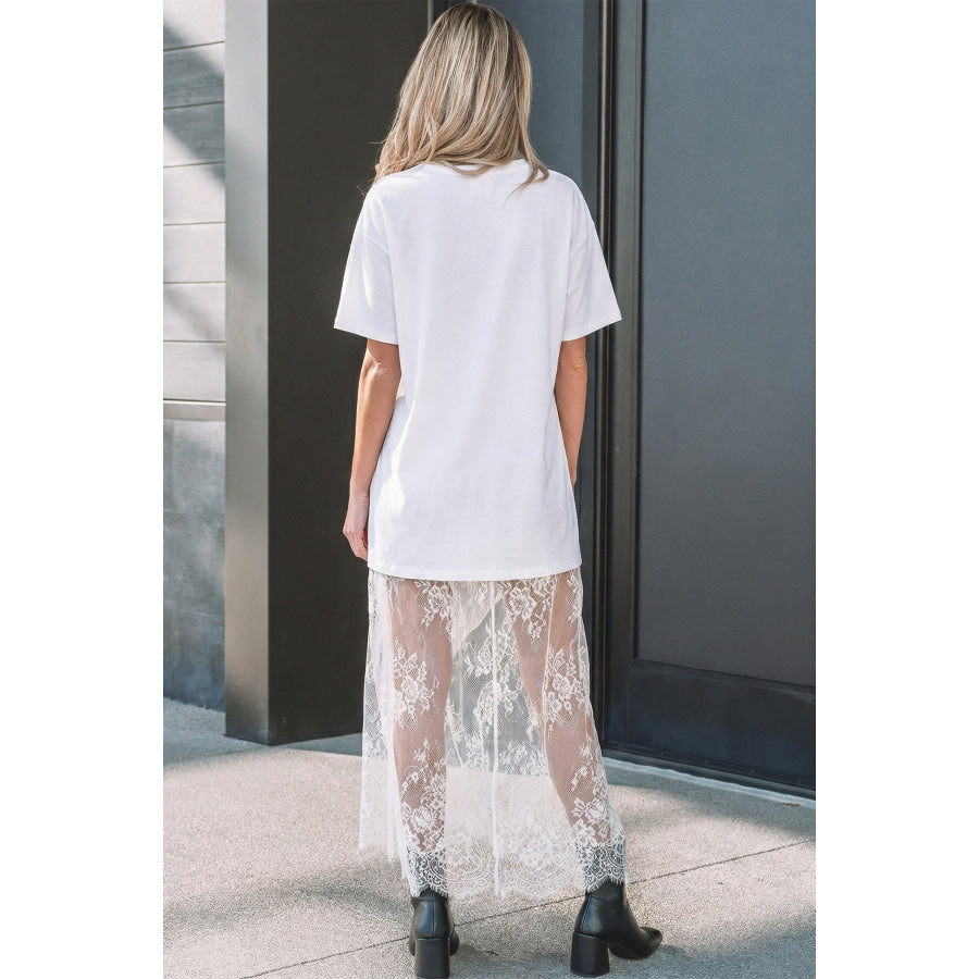 White Floral Patchwork Short Sleeve T Shirt Loose Maxi Dress Dresses/Maxi Dresses