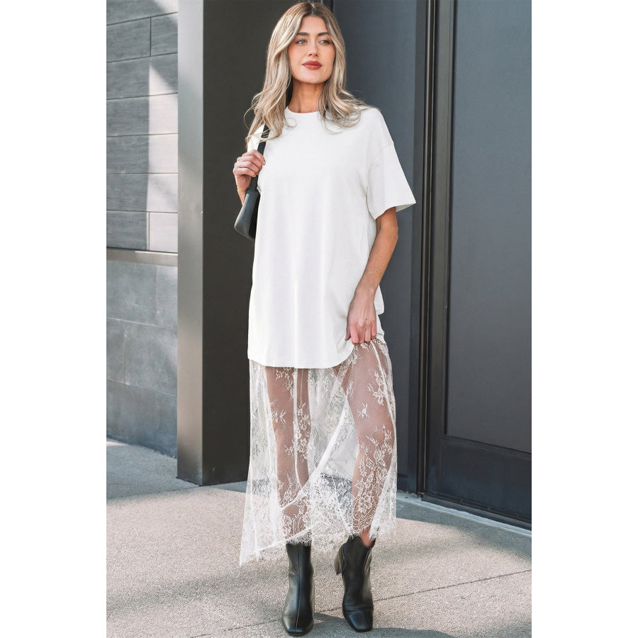 White Floral Patchwork Short Sleeve T Shirt Loose Maxi Dress White / S / 62% Polyester + 32% Cotton + 6% Elastane Dresses/Maxi Dresses