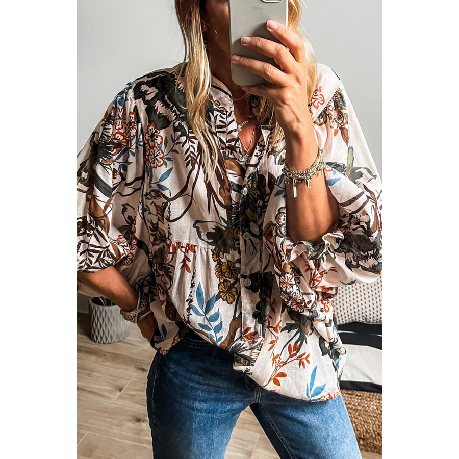White Floral Print Balloon Sleeves Button Up Loose Casual Shirt White / S / 100% Polyester Tops/Blouses & Shirts
