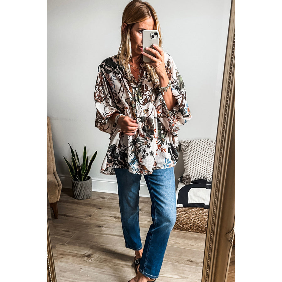White Floral Print Balloon Sleeves Button Up Loose Casual Shirt Tops/Blouses &amp; Shirts