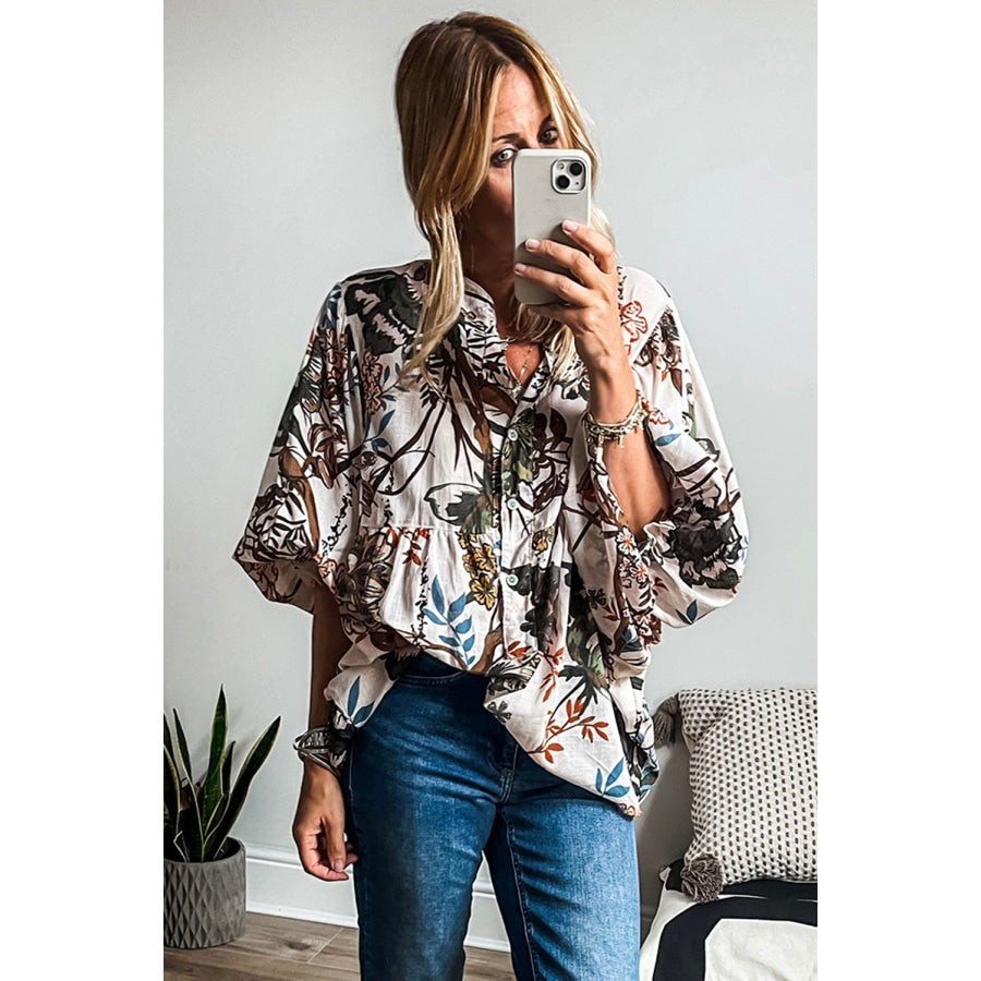 White Floral Print Balloon Sleeves Button Up Loose Casual Shirt White / S / 100% Polyester Tops/Blouses & Shirts