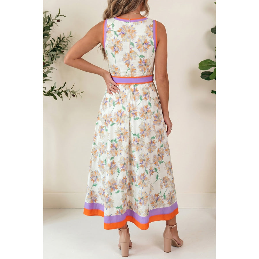 White Floral Print Color Block Trim Belted Sleeveless Maxi Dress White / S / 100% Polyester Dresses/Floral Dresses