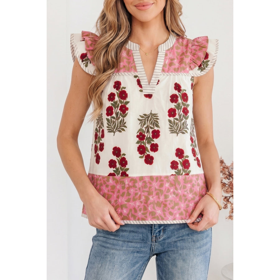 White Floral Print Contrast Striped Trim Flutter Cotton Blouse White / S / 100% Cotton Tops/Blouses & Shirts