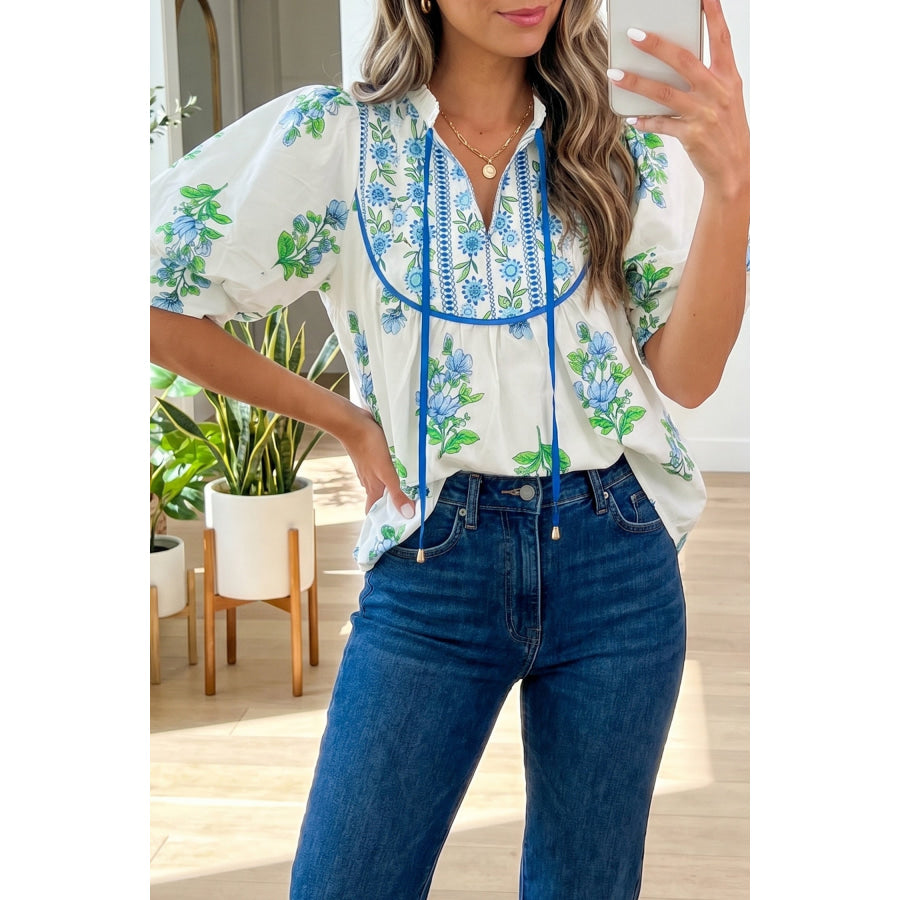 White Floral Print Contrast Trim Tie Neck Blouse White / S / 100% Polyester Tops/Blouses & Shirts