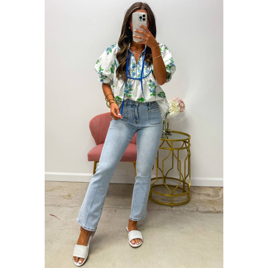 White Floral Print Contrast Trim Tie Neck Blouse Tops/Blouses & Shirts