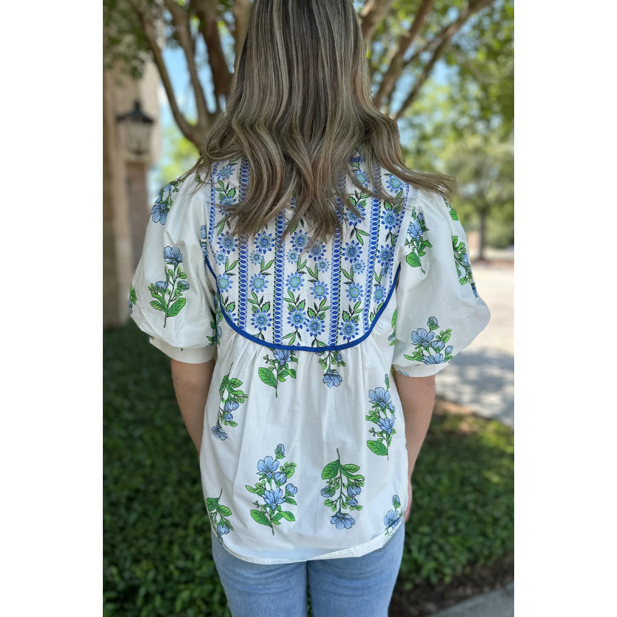 White Floral Print Contrast Trim Tie Neck Blouse Tops/Blouses & Shirts