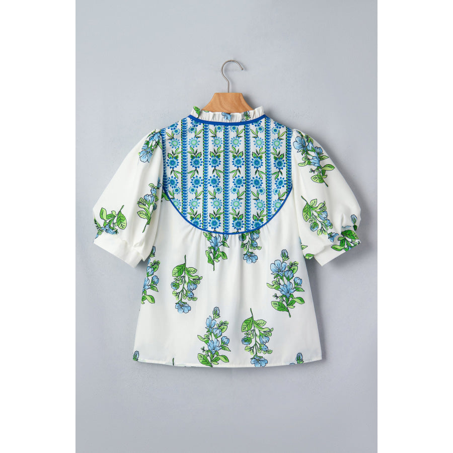 White Floral Print Contrast Trim Tie Neck Blouse Tops/Blouses & Shirts