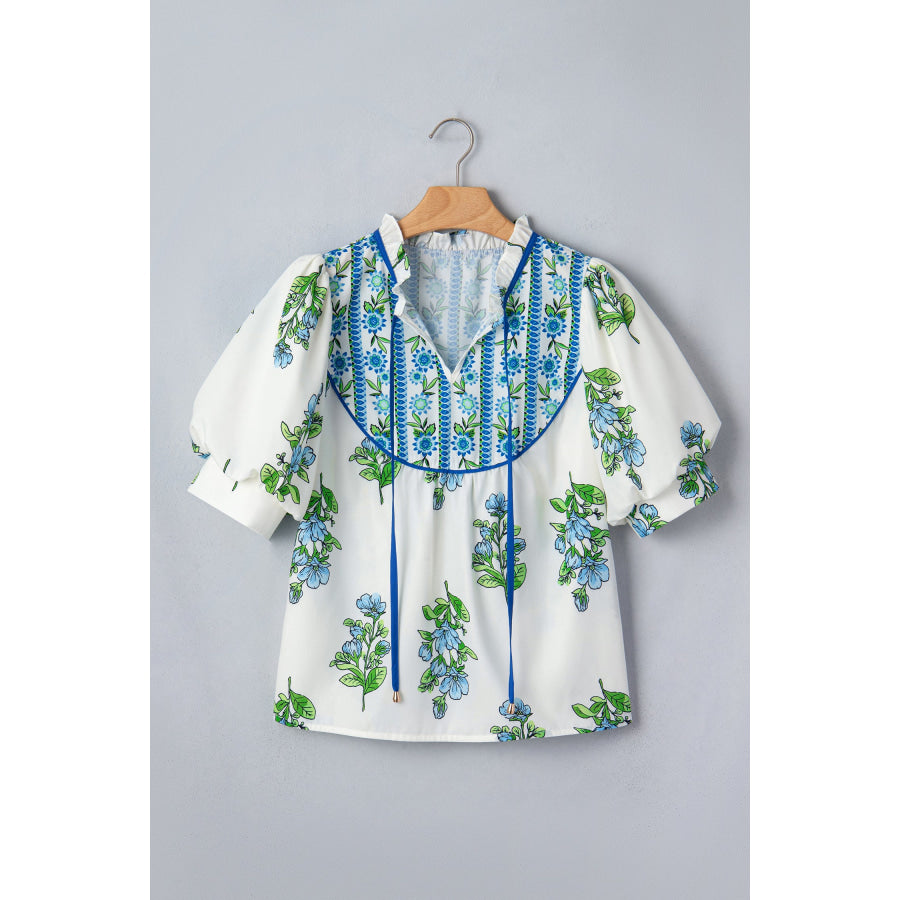 White Floral Print Contrast Trim Tie Neck Blouse Tops/Blouses & Shirts