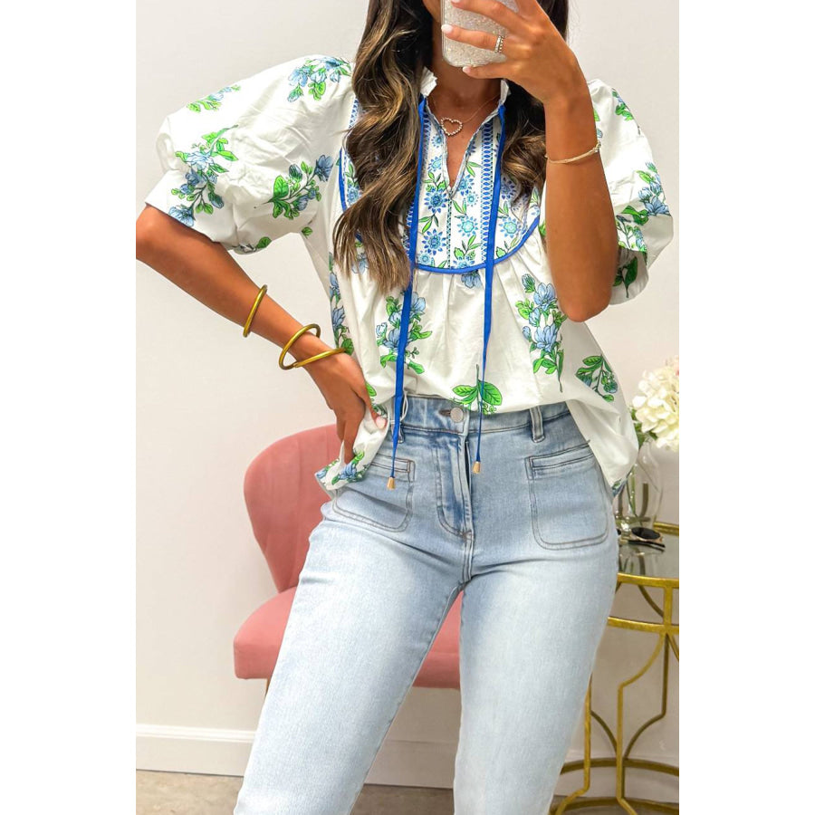 White Floral Print Contrast Trim Tie Neck Blouse Tops/Blouses & Shirts