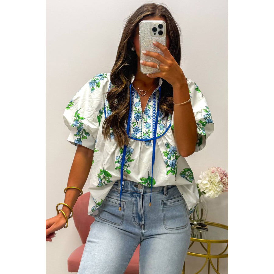 White Floral Print Contrast Trim Tie Neck Blouse Tops/Blouses & Shirts
