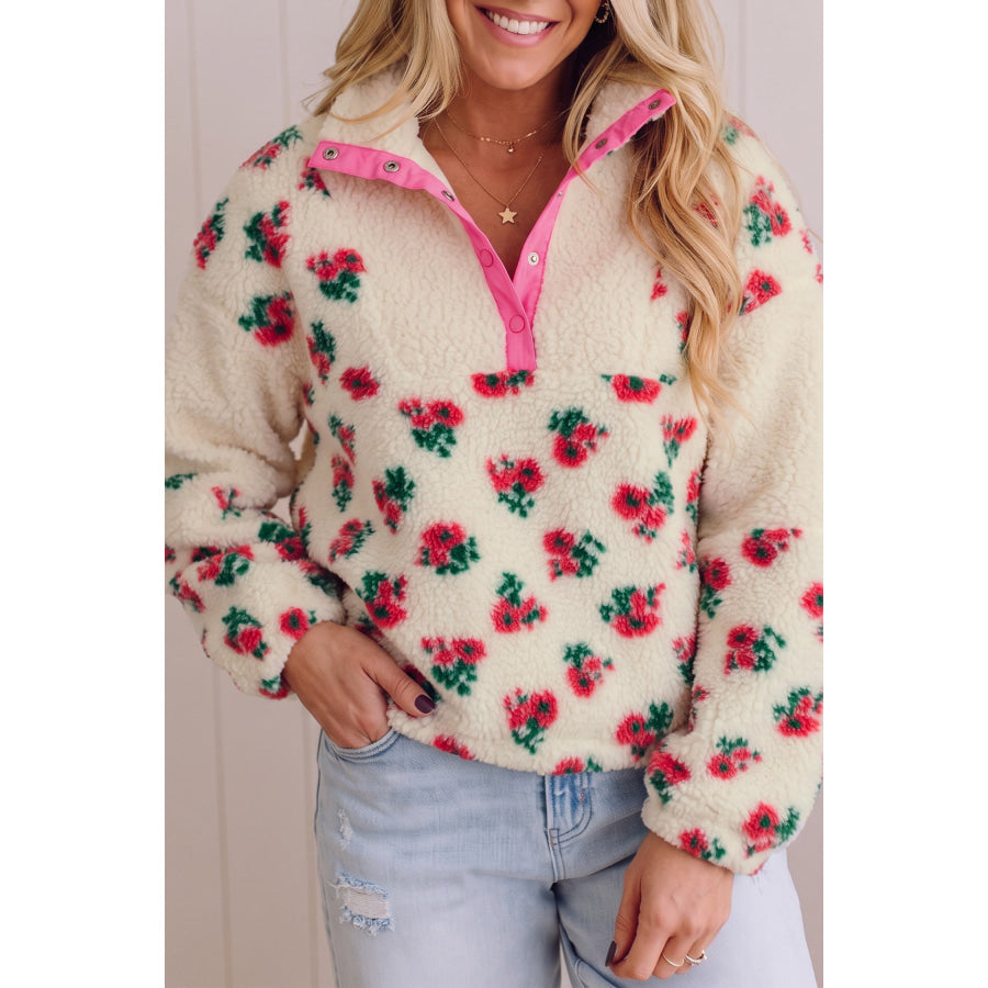 White Floral Print Fleece Contrast Trim Button Collar Sweatshirt / S / 100% Polyester Tops/Sweatshirts & Hoodies