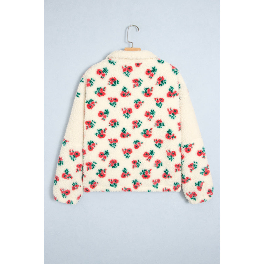 White Floral Print Fleece Contrast Trim Button Collar Sweatshirt Tops/Sweatshirts & Hoodies