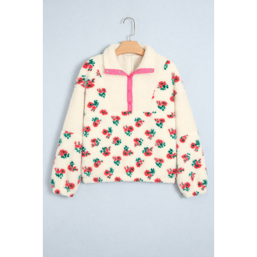 White Floral Print Fleece Contrast Trim Button Collar Sweatshirt Tops/Sweatshirts & Hoodies