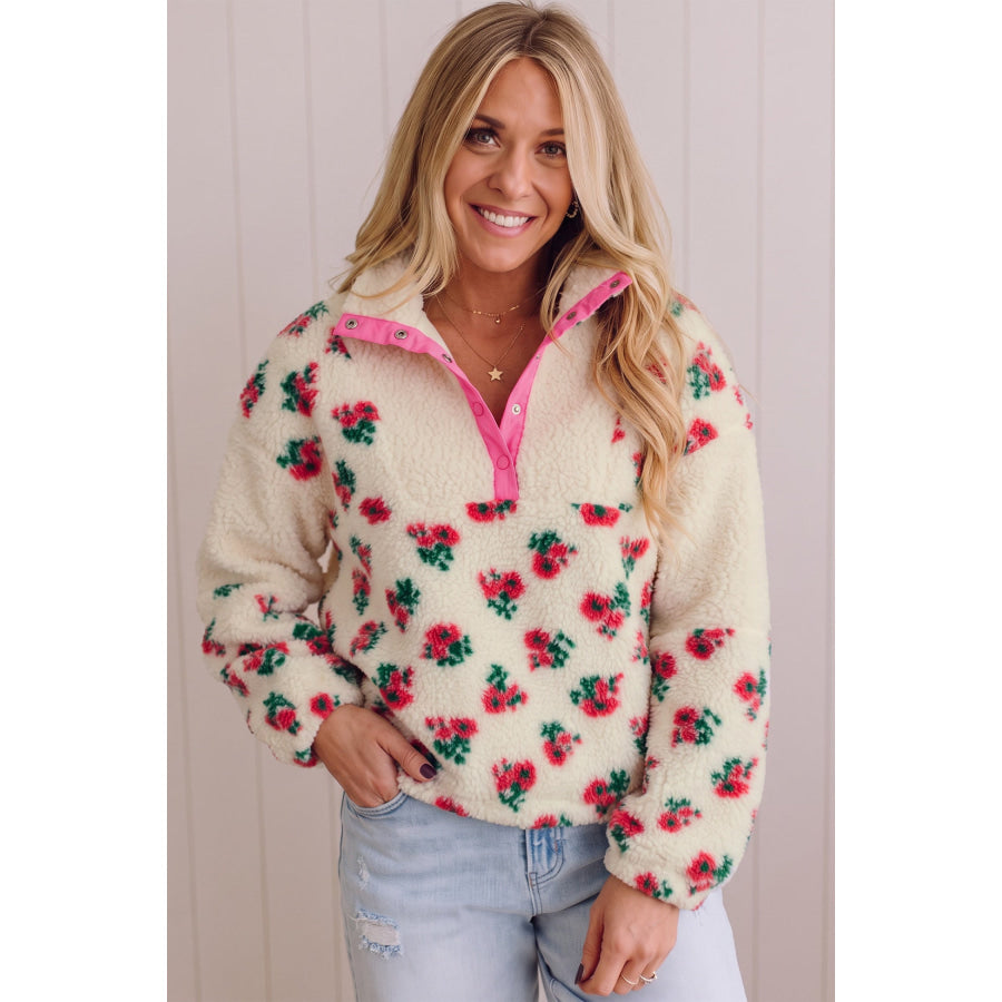 White Floral Print Fleece Contrast Trim Button Collar Sweatshirt Tops/Sweatshirts & Hoodies