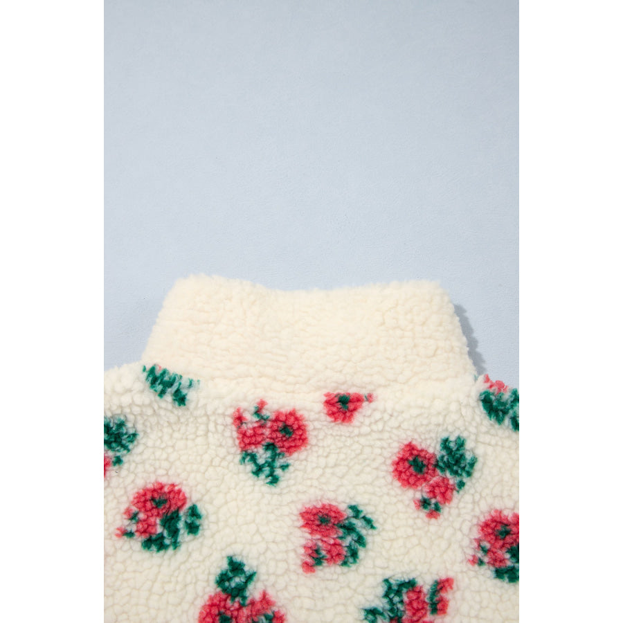 White Floral Print Fleece Contrast Trim Button Collar Sweatshirt Tops/Sweatshirts & Hoodies