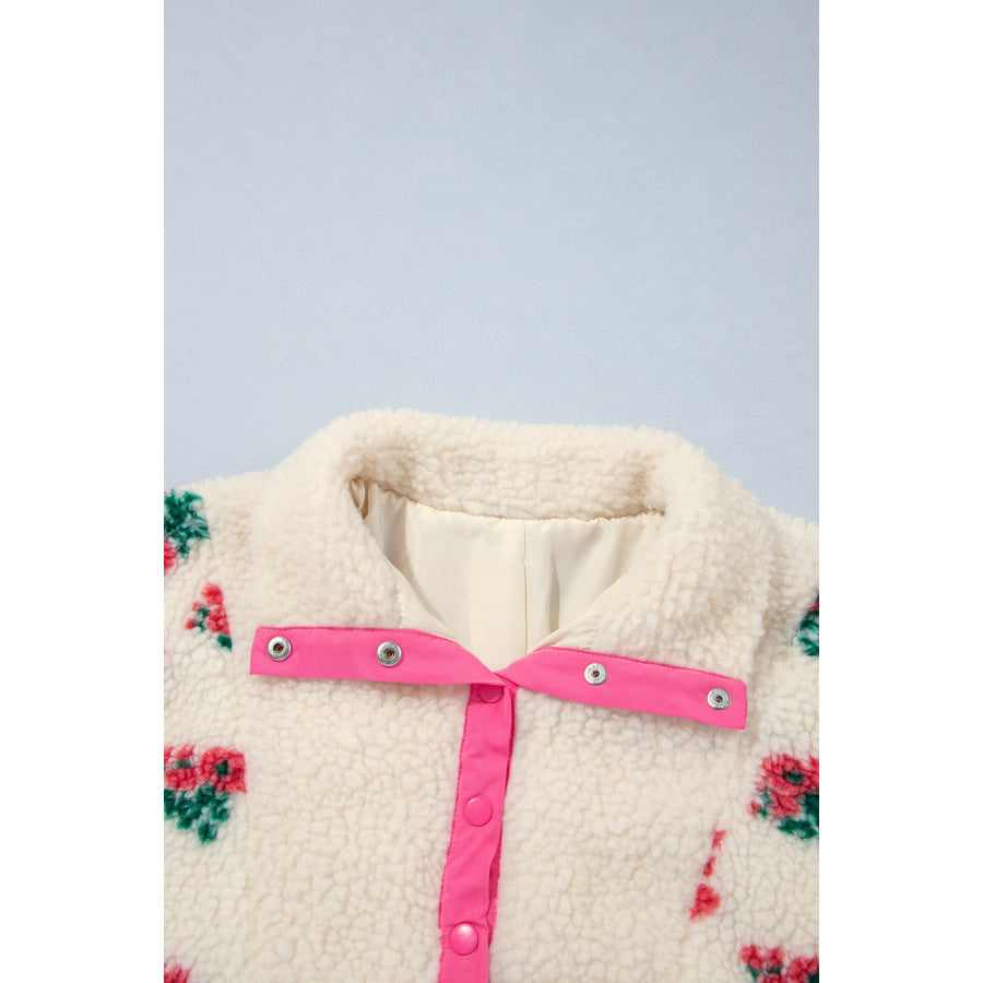 White Floral Print Fleece Contrast Trim Button Collar Sweatshirt Tops/Sweatshirts & Hoodies