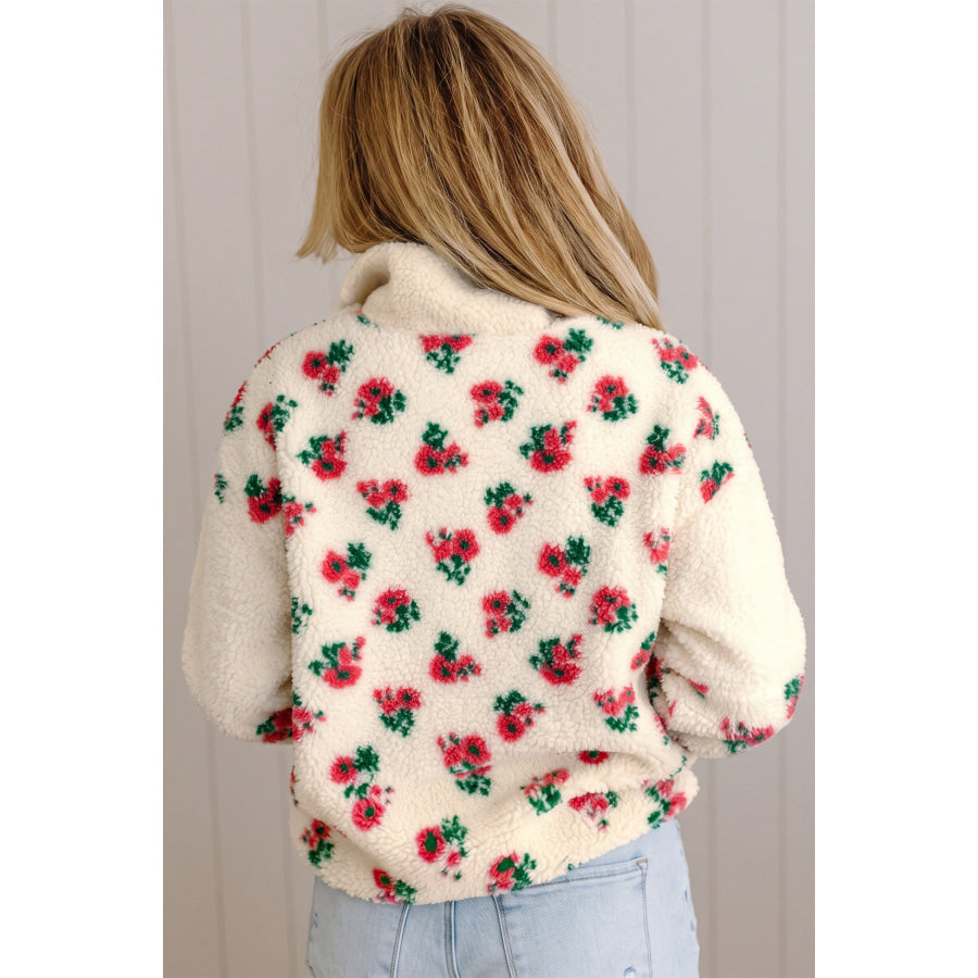 White Floral Print Fleece Contrast Trim Button Collar Sweatshirt Tops/Sweatshirts & Hoodies