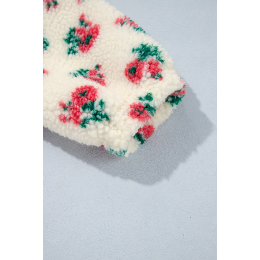 White Floral Print Fleece Contrast Trim Button Collar Sweatshirt Tops/Sweatshirts & Hoodies