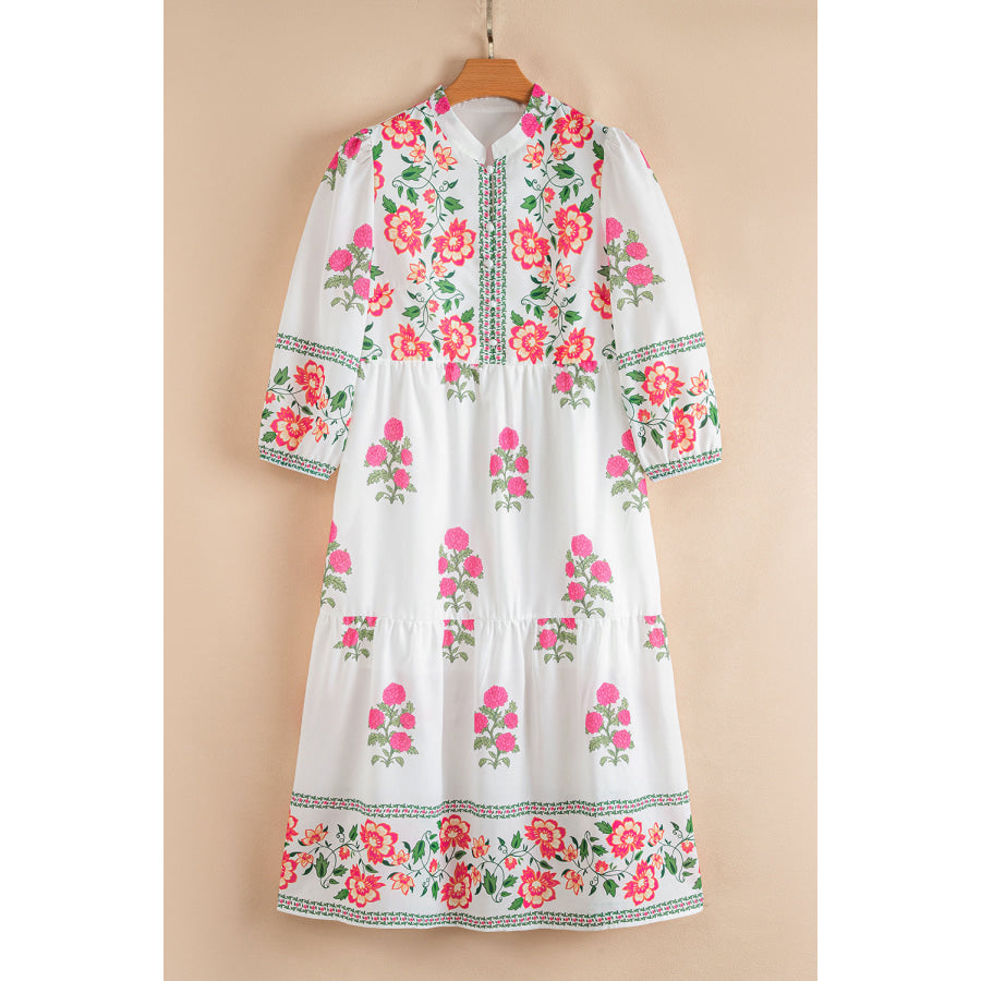 White Floral Print Half Button Mandarin Neck 3/4 Sleeve Maxi Dress Dresses/Floral Dresses