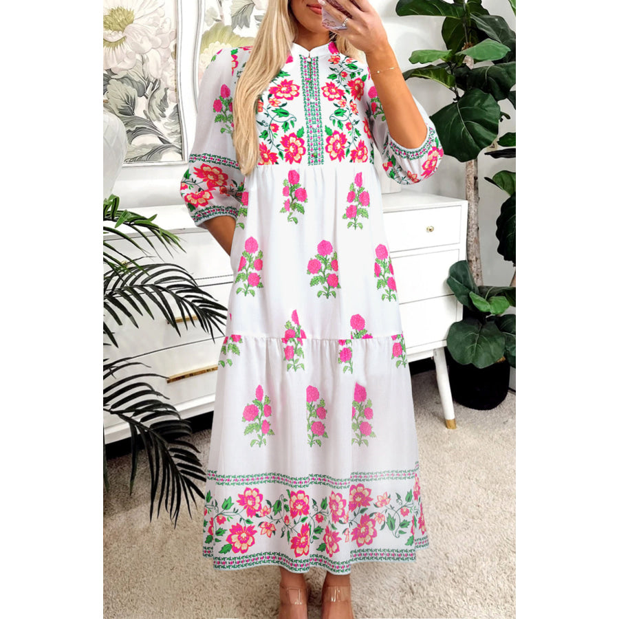 White Floral Print Half Button Mandarin Neck 3/4 Sleeve Maxi Dress White / S / 100% Polyester Dresses/Floral Dresses