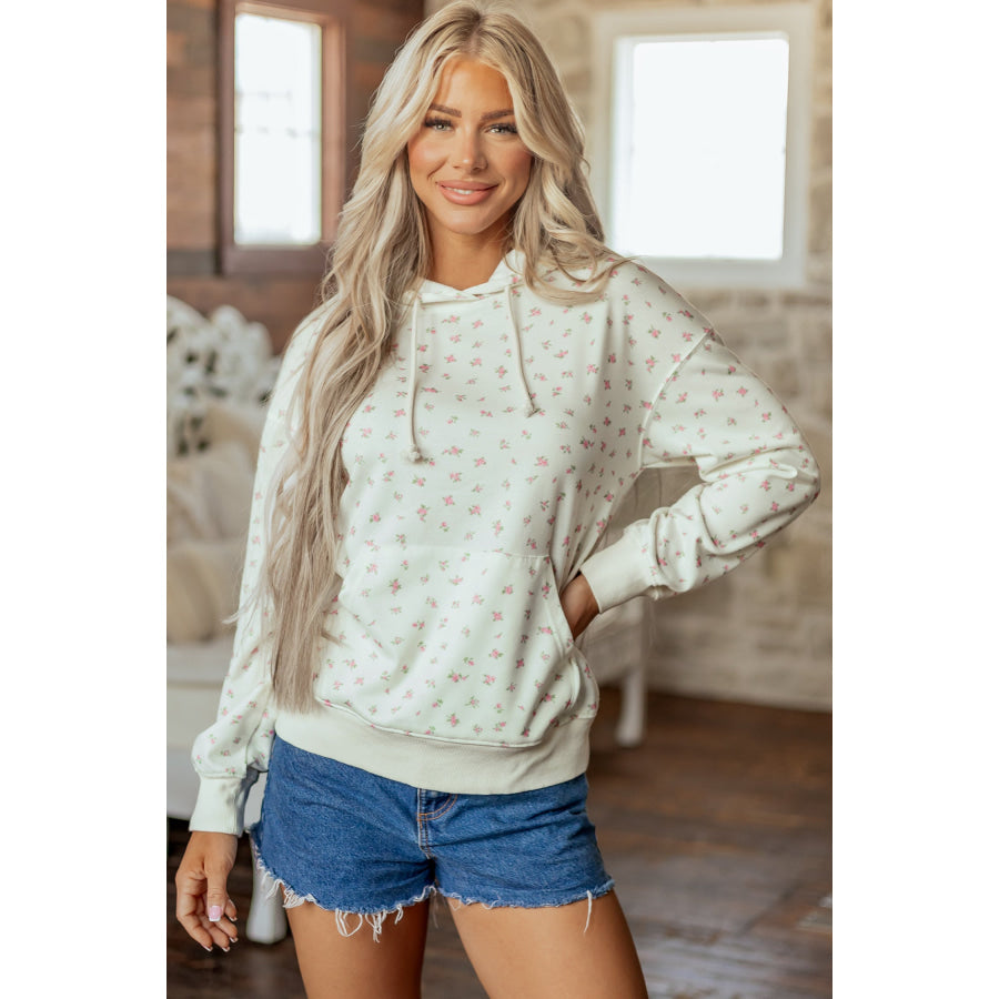 White Floral Print Ribbing Drawstring Hem Long Sleeve Hoodie White / S / 100% Polyester Tops/Sweatshirts & Hoodies
