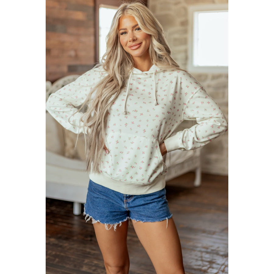 White Floral Print Ribbing Drawstring Hem Long Sleeve Hoodie Tops/Sweatshirts & Hoodies