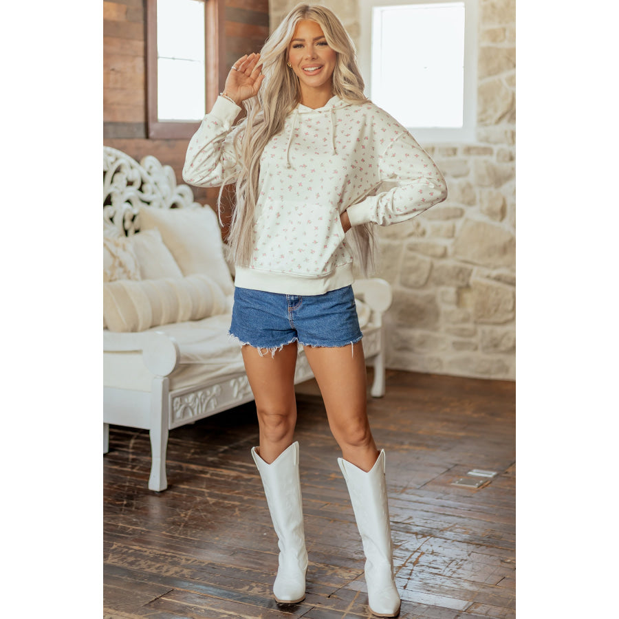 White Floral Print Ribbing Drawstring Hem Long Sleeve Hoodie Tops/Sweatshirts & Hoodies