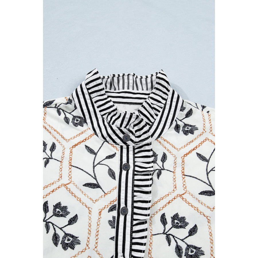 White Floral Print Striped Patchwork Button Neck Short Sleeve Blouse Tops/Blouses & Shirts