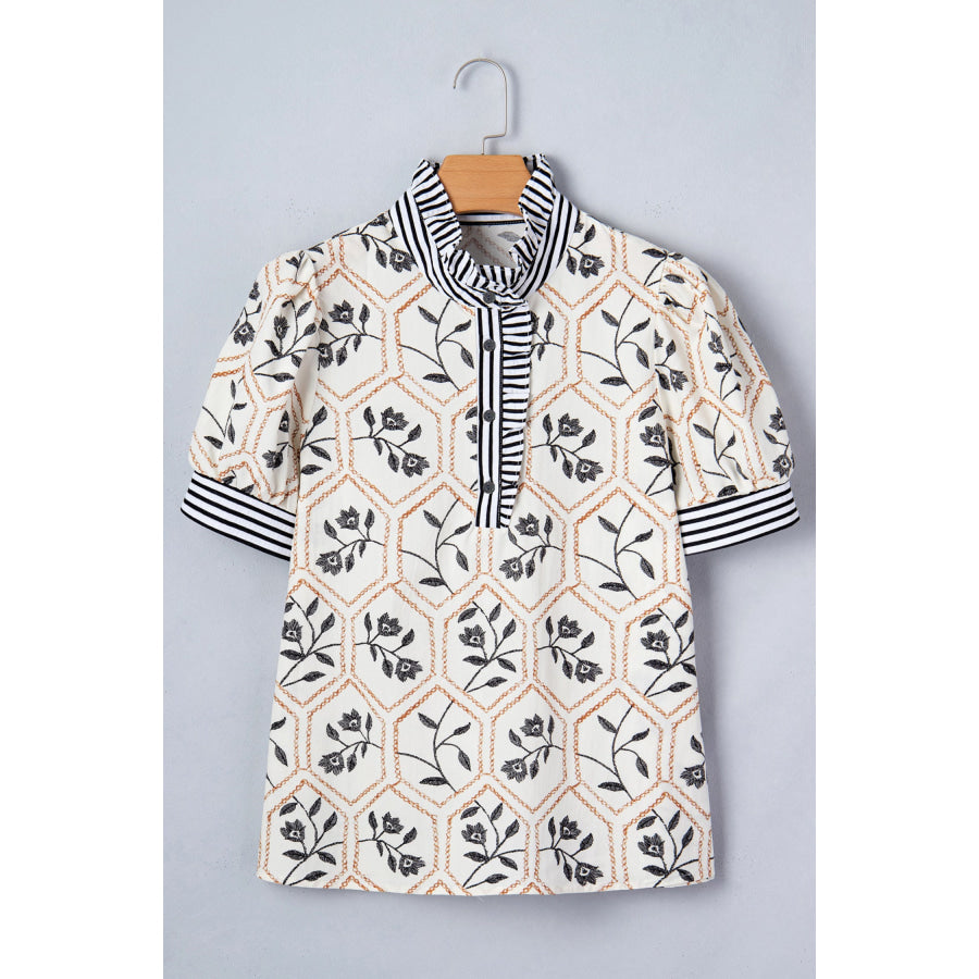 White Floral Print Striped Patchwork Button Neck Short Sleeve Blouse Tops/Blouses & Shirts