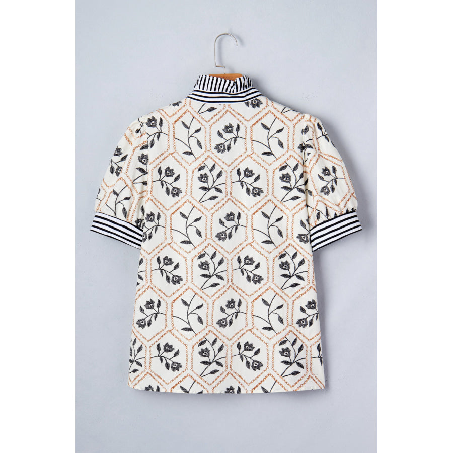 White Floral Print Striped Patchwork Button Neck Short Sleeve Blouse Tops/Blouses & Shirts