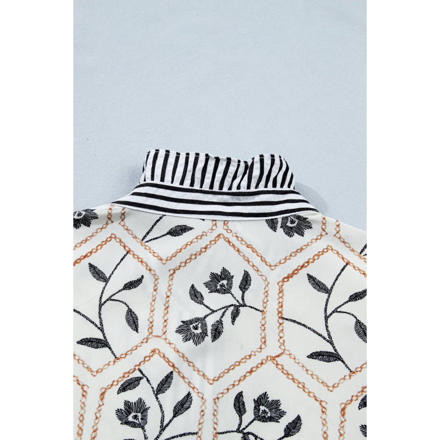 White Floral Print Striped Patchwork Button Neck Short Sleeve Blouse Tops/Blouses & Shirts