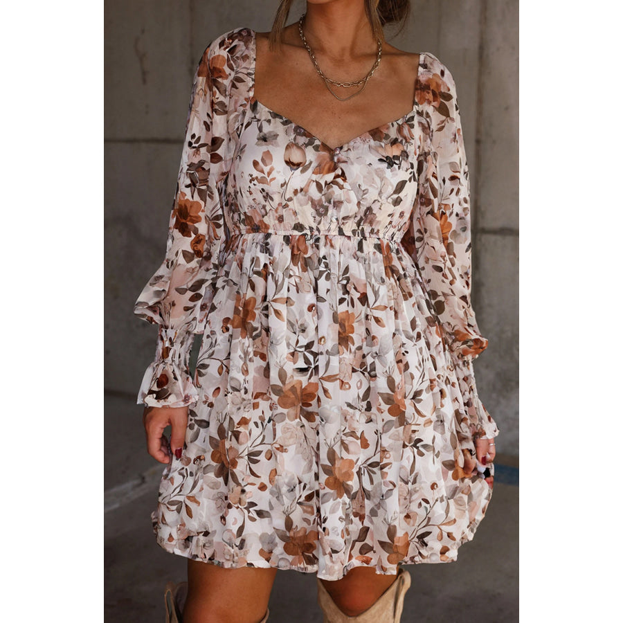 White Floral Print Sweetheart Neck Long Sleeve High Waist Mini Dress Dresses/Floral Dresses