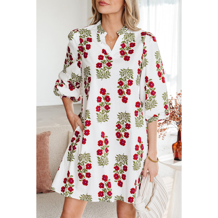 White Floral Print V Neck 3/4 Sleeve Loose Mini Dress Dresses/Floral Dresses
