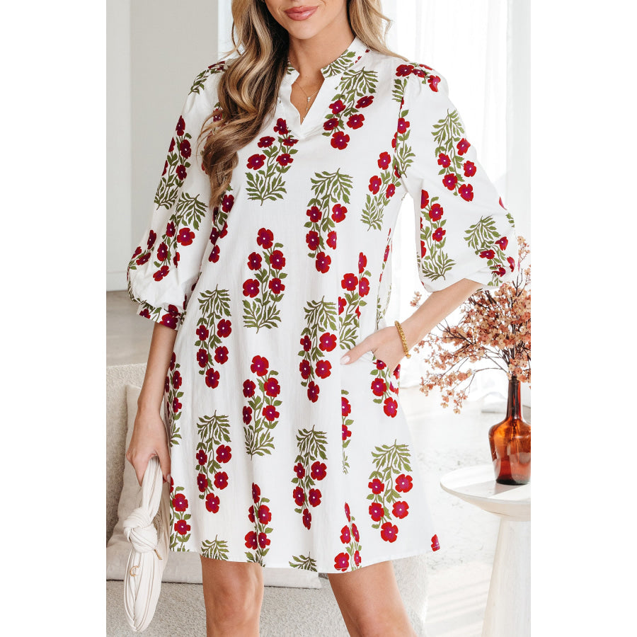 White Floral Print V Neck 3/4 Sleeve Loose Mini Dress Dresses/Floral Dresses