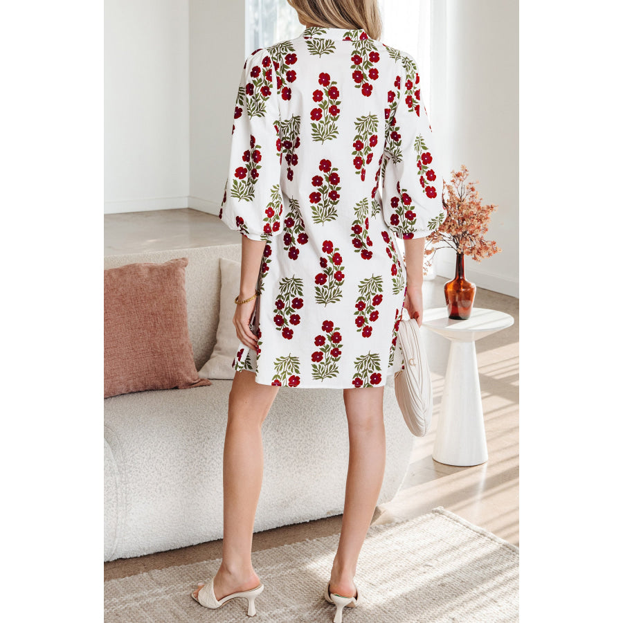 White Floral Print V Neck 3/4 Sleeve Loose Mini Dress Dresses/Floral Dresses