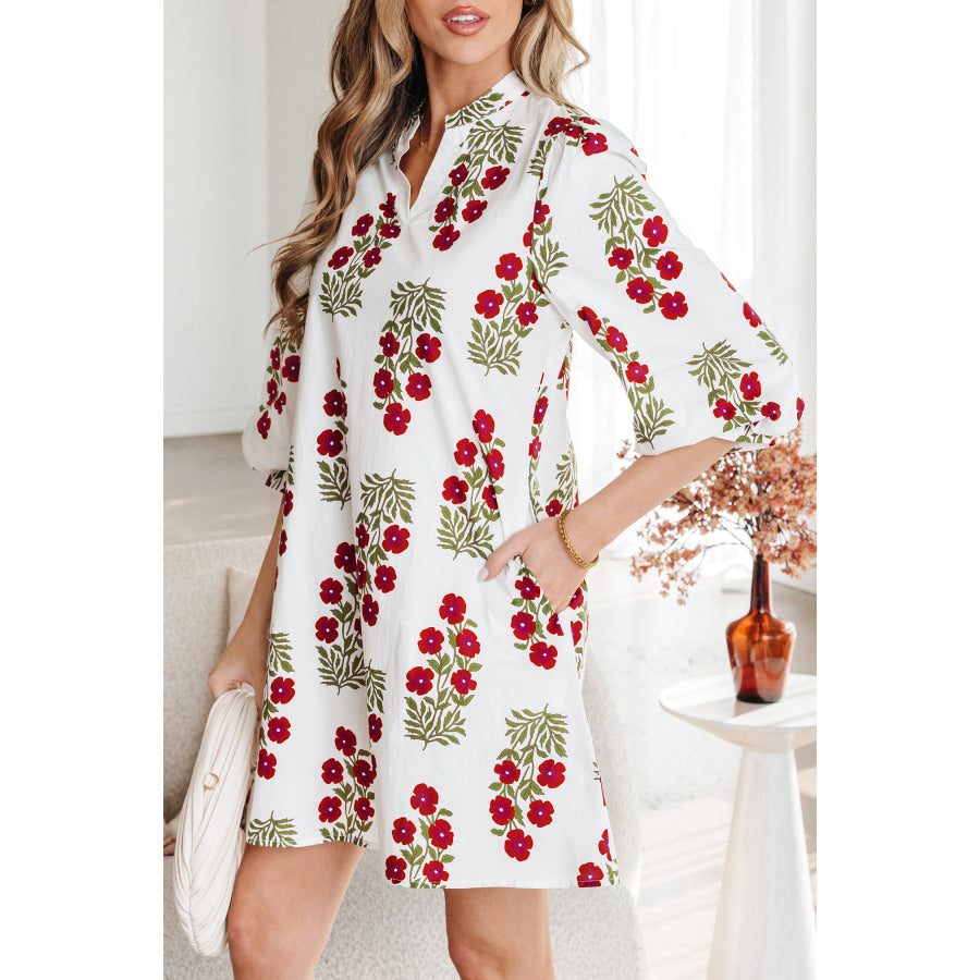 White Floral Print V Neck 3/4 Sleeve Loose Mini Dress Dresses/Floral Dresses