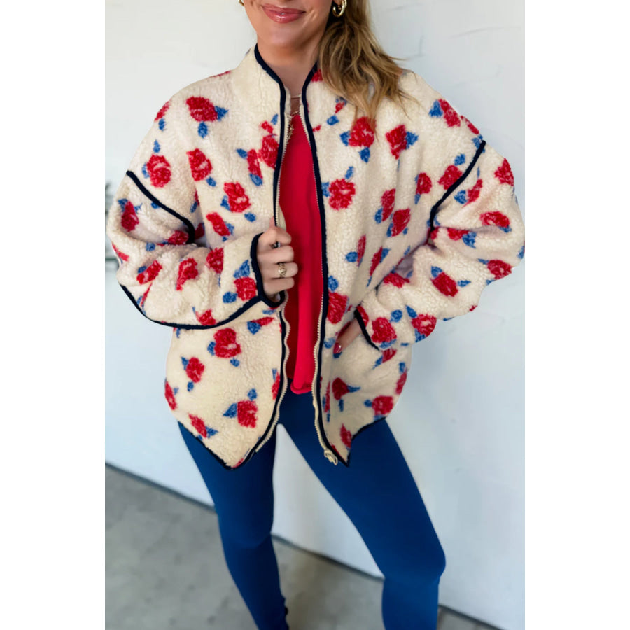 White Floral Print Zipper Stand Neck Outerwear Fleece Coat Outerwear/Coats