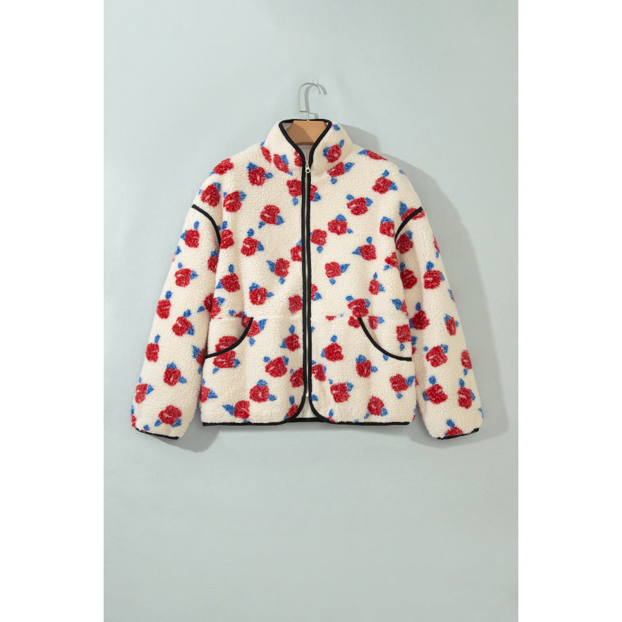 White Floral Print Zipper Stand Neck Outerwear Fleece Coat Outerwear/Coats