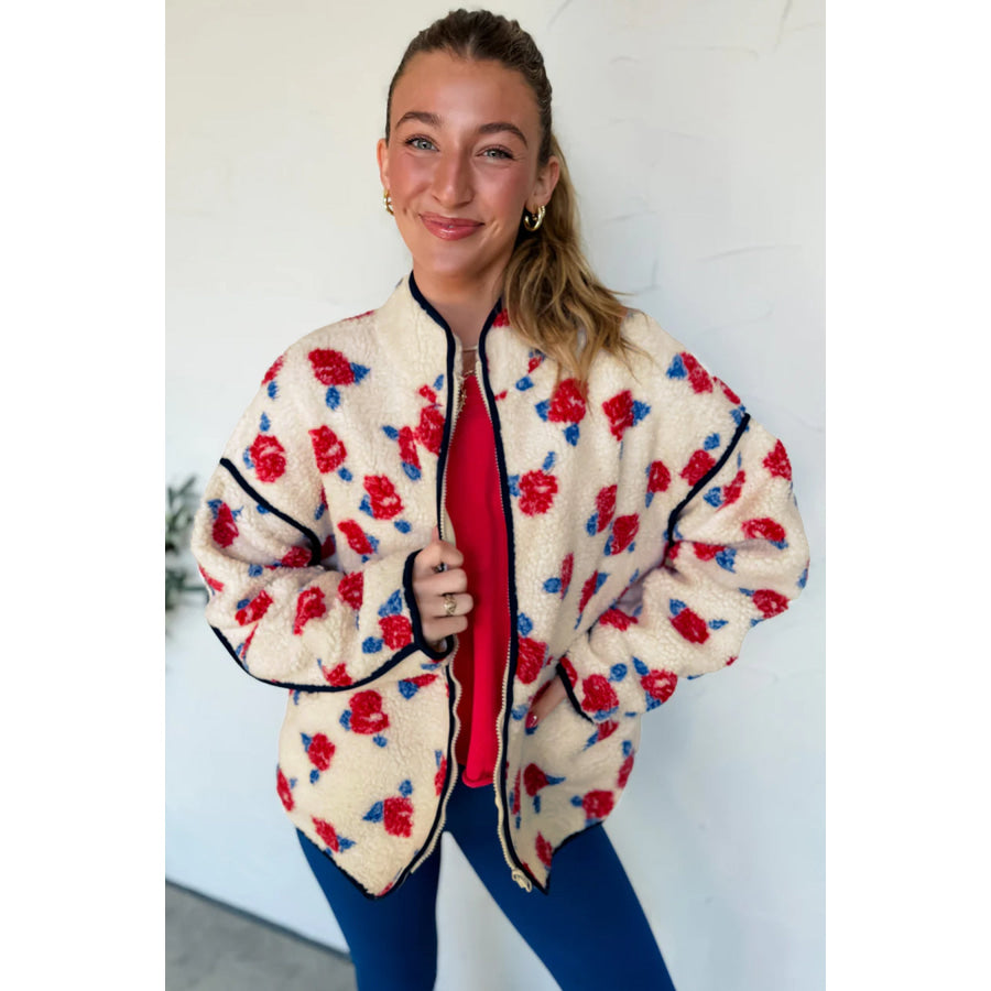 White Floral Print Zipper Stand Neck Outerwear Fleece Coat Outerwear/Coats